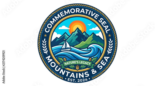 Commemorative seal design with mountain and sea landscape illustration.
