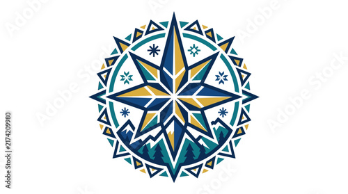 Stylized Compass Rose Emblem with Mountain Landscape and Geometric Decorative Border.