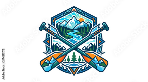 Vintage outdoor badge with crossed oars and mountain landscape illustration.