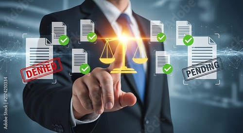 Businessman managing digital document status with scale graphic showing approved and pending files digital screen business