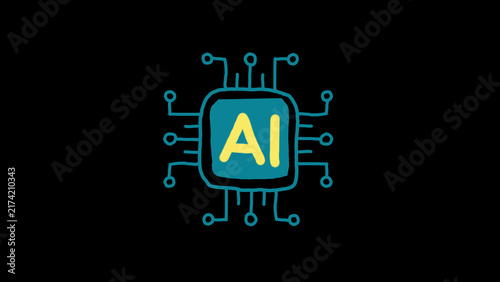 Artificial intelligence AI microchip vector line art illustration icon on black background