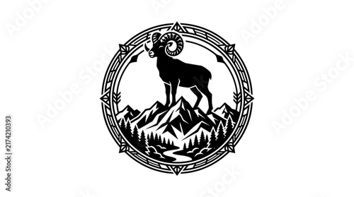 Bighorn Sheep Mountain Emblem Graphic Illustration.