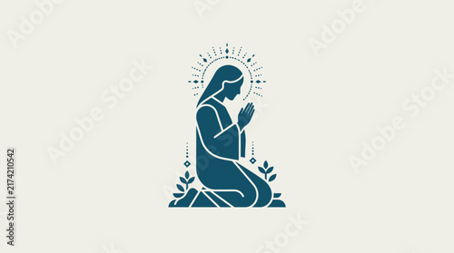 Minimalist religious illustration of a woman praying in a kneeling position.