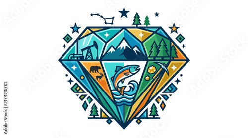 Stylized diamond illustration depicting Alaskan wilderness and natural resources.