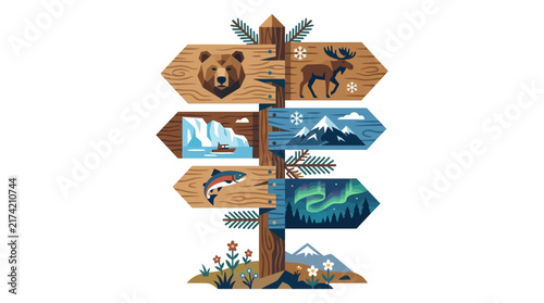 Wooden signpost with Alaskan wildlife and wilderness landscapes illustration.