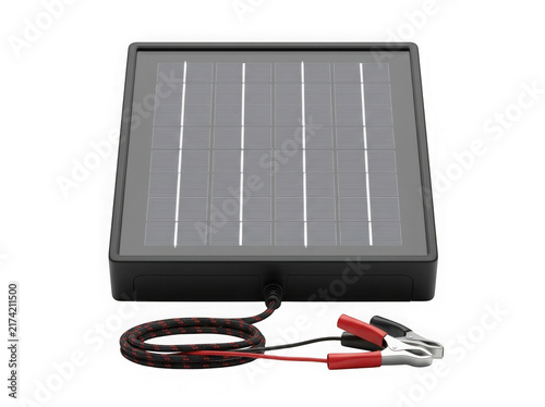 portable folding solar panel charger with battery clamps isolated on transparent background