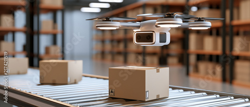 Drone Delivering Package in Warehouse: An advanced drone navigates a modern warehouse, hovering above a conveyor belt carrying cardboard boxes, symbolizing efficient logistics and automation.