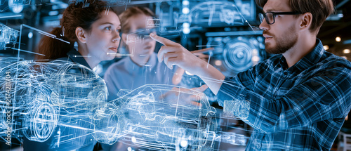 Futuristic Car Design: A team of engineers collaborates on a holographic projection of a car, exploring innovative design concepts in a high-tech environment.