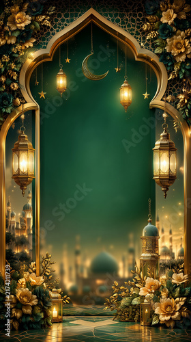 Elegant Eid Mubarak Celebration Template with Emerald Green and Gold Islamic Arch, Glowing Lanterns, Crescent Moon and Floral Border