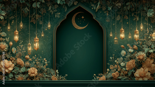 Elegant Eid Mubarak Celebration Template with Emerald Green and Gold Islamic Arch, Glowing Lanterns, Crescent Moon and Floral Border