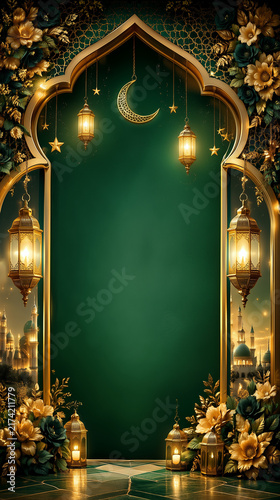 Elegant Eid Mubarak Celebration Template with Emerald Green and Gold Islamic Arch, Glowing Lanterns, Crescent Moon and Floral Border