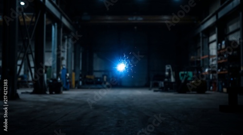 Industrial Welding Process Illuminating a Dark Warehouse at Night with Bright Sparks and Metal Fabrication Activity