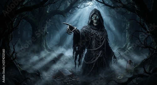 Grim Reaper Halloween concept in spooky dark misty forest