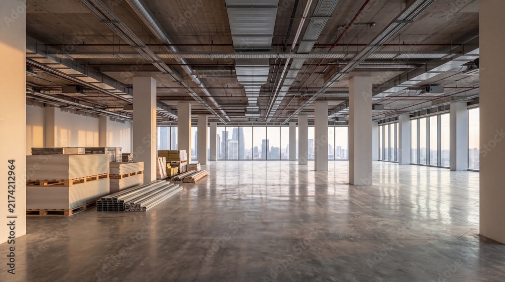 Obraz premium Empty office interior under construction with concrete floor and city view