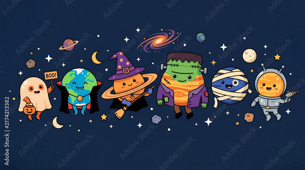 Naklejka premium Cartoon planets dressed in halloween costumes floating in outer space