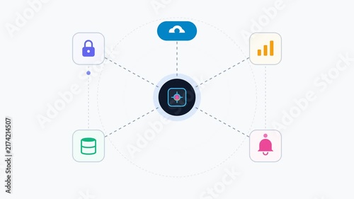 Modern flat motion illustration of a digital network with data, security, and cloud icons.