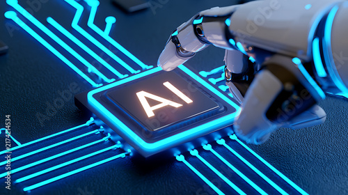 Plakat Robot hand touch central processing unit chip with glowing text artificial intelligence concept futuristic technology modern digital abstract backgr