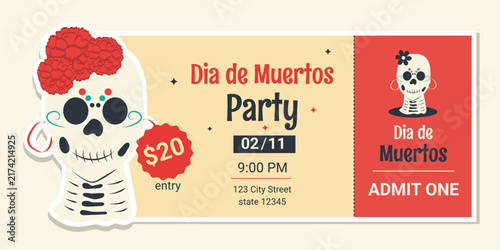 A ticket mock‑up for a party or event dedicated to the Day of the Dead, featuring an image of a sugar skull