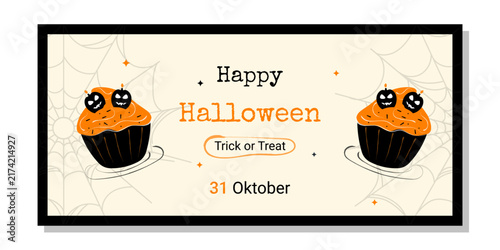 A Halloween ticket featuring an image of a cake and a pumpkin. Design for a spooky party