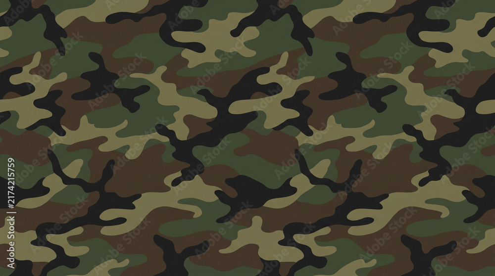 Fototapeta premium Classic woodland camouflage seamless pattern texture in olive green brown and black tones for military apparel design