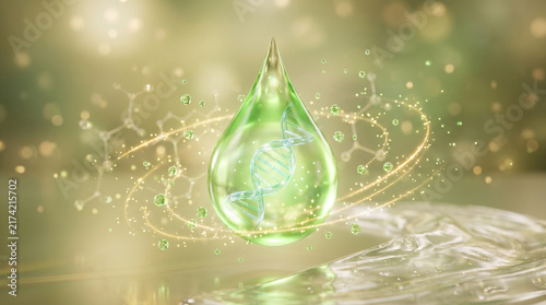 Clear green cosmetic serum drop containing a glowing DNA helix and molecular structures against a soft bokeh background