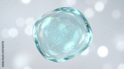 Transparent natural gel drop containing glowing DNA helices and molecular bubbles against a soft bokeh background