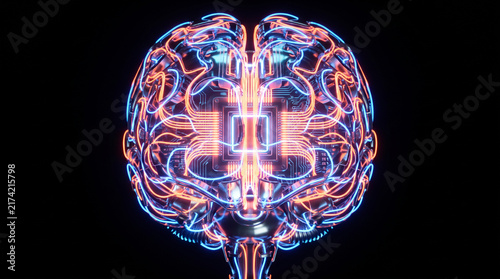 Cybernetic artificial intelligence brain featuring a central processor with glowing neon fiber optic circuitry isolated on a dark background