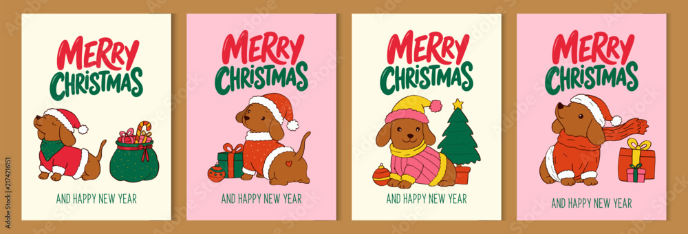 Fototapeta premium Merry Christmas and happy new year greeting card with cute dachshund puppy in winter costumes. Xmas design in trendy whimsical hand drawn style dog and decorated christmas tree banner, poster, covers.