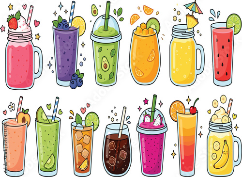 Colorful hand drawn summer beverage collection featuring fruit smoothies juices cocktails and refreshing drinks in playful doodle style