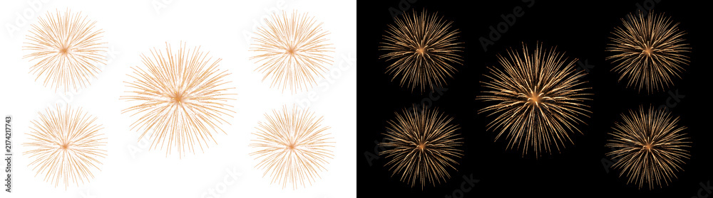 Fototapeta premium Golden firework bursts explode in multiple sparkling starburst patterns across darkness perfect for celebration design in PNG, Transparent and Black Background Versions