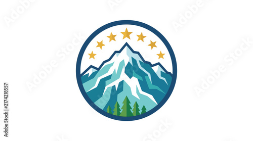 Stylized mountain logo badge with stars and pine trees.