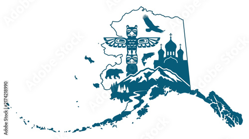 Iconic Alaskan symbols silhouette map graphic design.