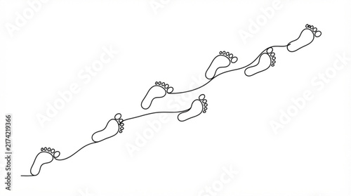 Staggered walking footprints trail continuous line art illustration