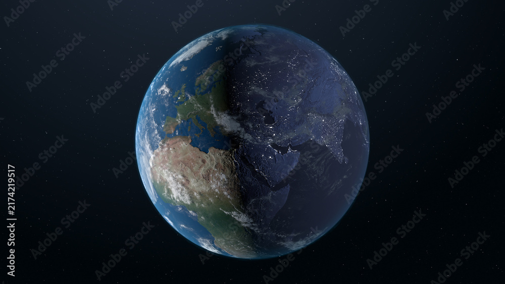 Fototapeta premium Earth viewed from space at night, showing Europe, Africa and Asia illuminated by city lights against stars.