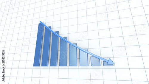 3D bar chart with descending blue bars and downward arrow on a grid background, indicating a decline.