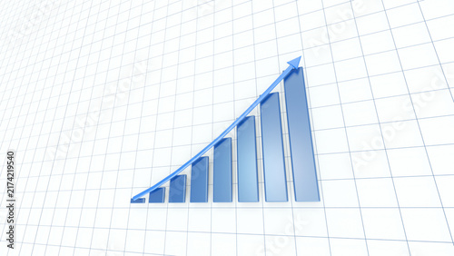 Blue 3D bar chart with upward arrow on a grid background, showing increasing values from left to right.