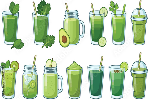 Green smoothie collection with fresh fruits herbs vegetables and healthy ingredients in assorted reusable cups for wellness beverage designs
