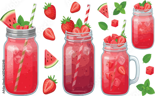 Strawberry watermelon fruit drinks collection in mason jars with fresh mint leaves and striped straws refreshing summer beverage