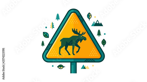 Illustrated triangle road sign featuring a moose symbol.