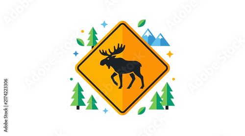 Moose crossing warning sign flat vector illustration.