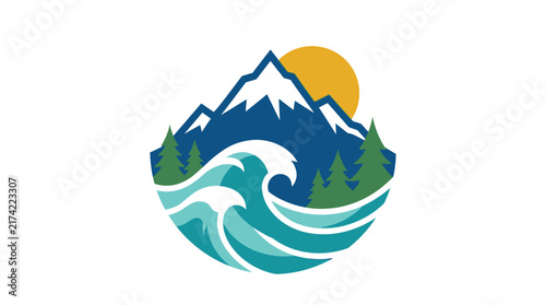 Stylized mountain and ocean wave emblem with evergreen trees and sun.