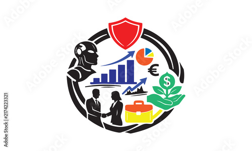 Circular business ecosystem combining shield, graph, briefcase, AI analytics, teamwork, and investment.