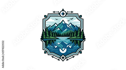 Mountain lake forest landscape vintage badge illustration.