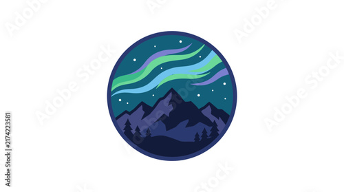 Stylized circular badge featuring majestic mountain peaks under a vibrant aurora borealis night sky.