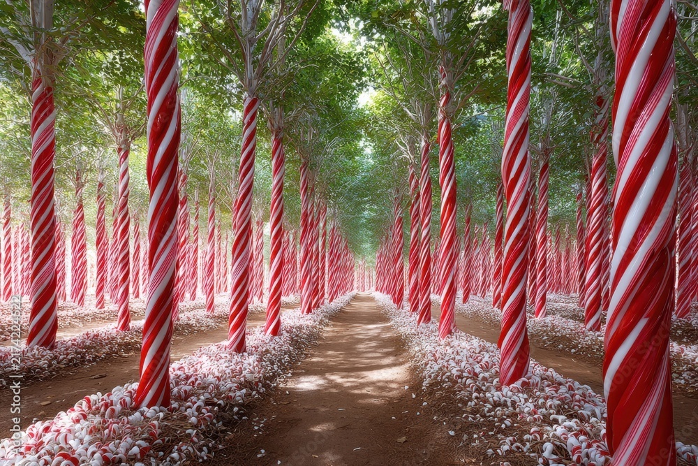 Obraz premium Enchanted forest with candy cane trees and peppermint ground cover in daytime