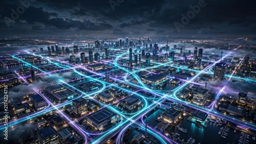 Futuristic cityscape with glowing neon pathways crisscrossing between tall buildings under a moody sky