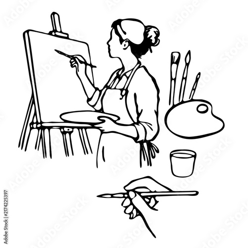 Hand-drawn line art illustration of a woman artist with palette painting on an easel, isolated with tools.
