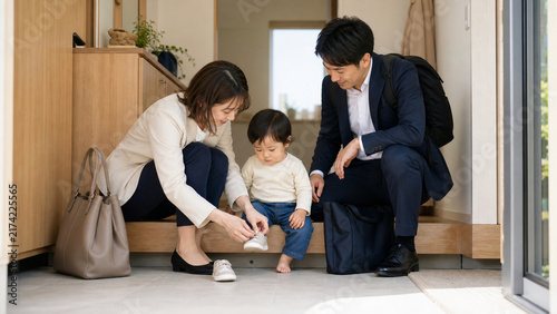 朝の玄関で幼児の靴を履かせて出発する共働きの日本人家族