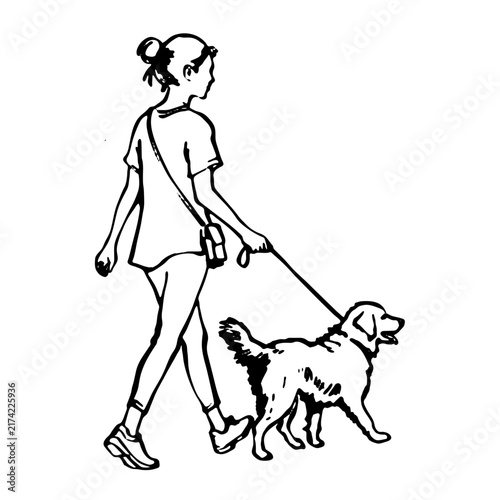 Hand-drawn line art illustration of a woman with a messenger bag, walking a retriever dog on a leash.