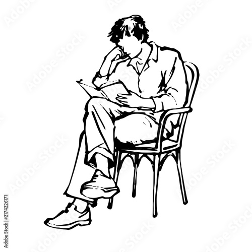 Hand-drawn line art illustration of a man sitting comfortably in a vintage chair, deeply focused on reading an open book.